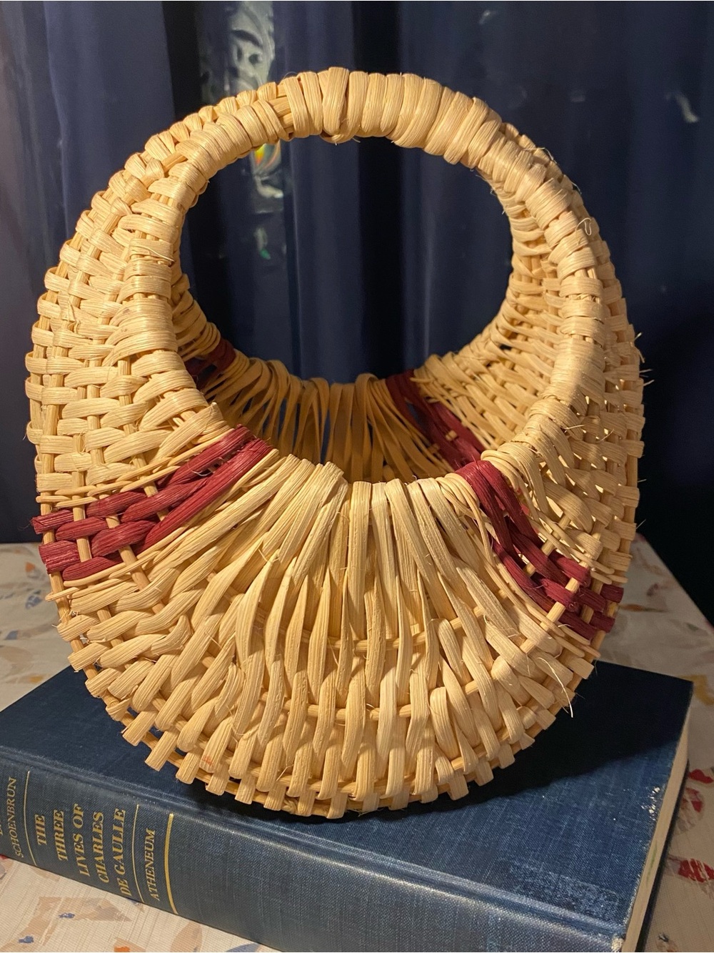 Vintage Handwoven Natural Straw Basket with Burgundy Accent - Great condition